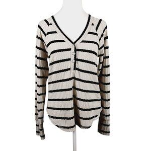 Chasor, M, Sand & Black Stripe Long Sleeve Henley Top, Waffle, Snap Casual Comfy